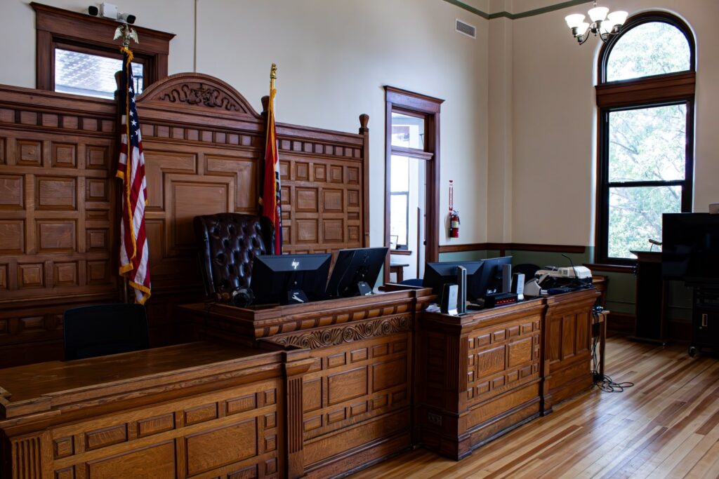 An empty court room bench