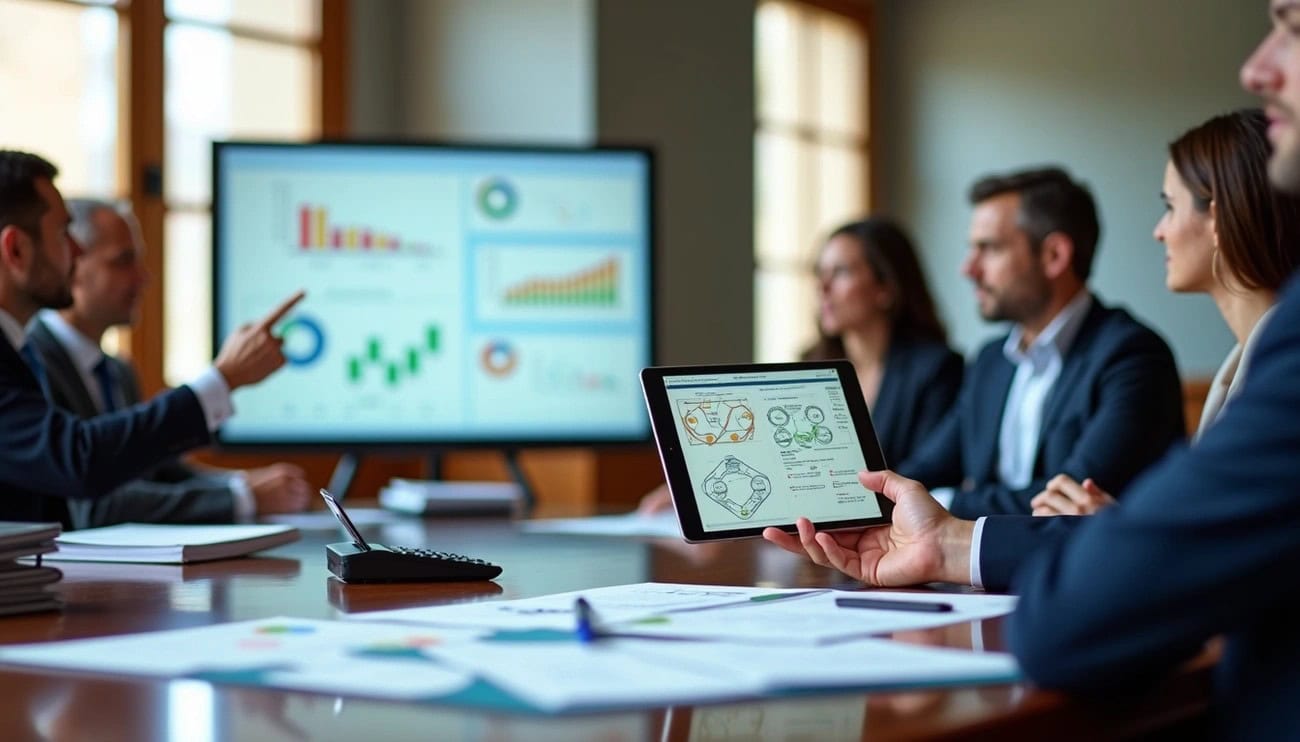 Attorney and financial expert witness reviewing demonstrative exhibits for courtroom presentation