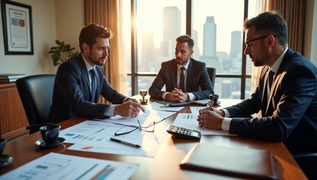 CPA expert witness reviewing financial records with counsel, business owner, and litigant during a financial dispute